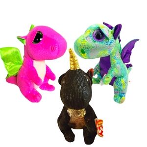 TY Beanie Baby Boo Lot of 3 Glitter Sparkle Dragons 6" Stuffed Animal Toys Plush